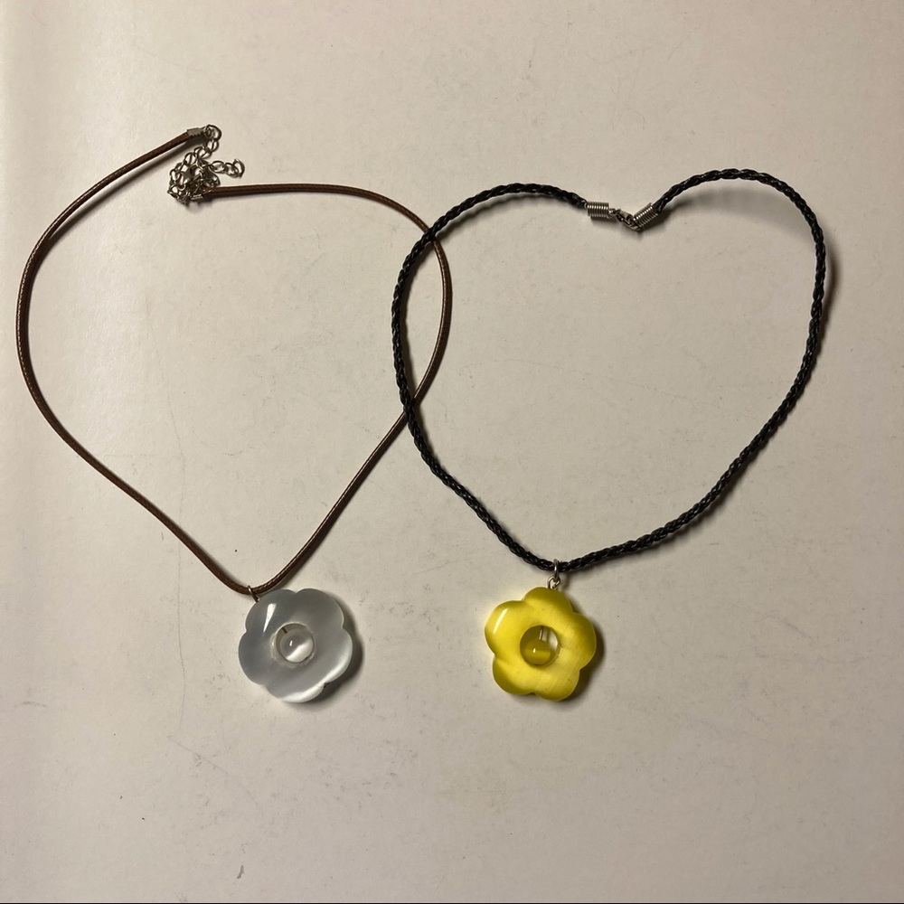 Pair of Flower necklaces with leather adjustable choker style chain